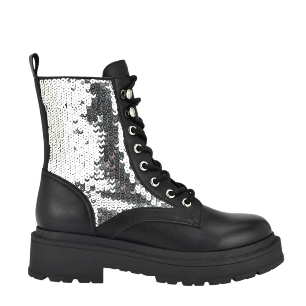 Nine West Hediy Sequin Combat Boots Black Silver Sparkle  Lug Sole. SZ:7 NWT